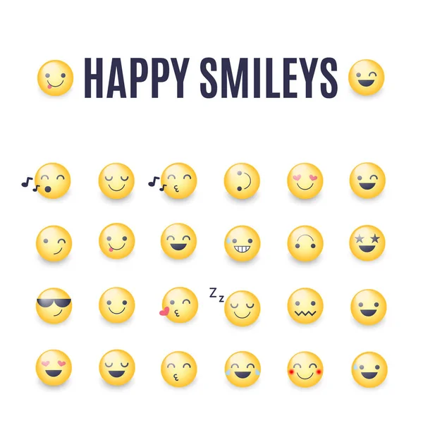 Happy smileys vector icon set. Emoticons pictograms collection. Happy round yellow smileys. Large collection of smiles — Stock Vector