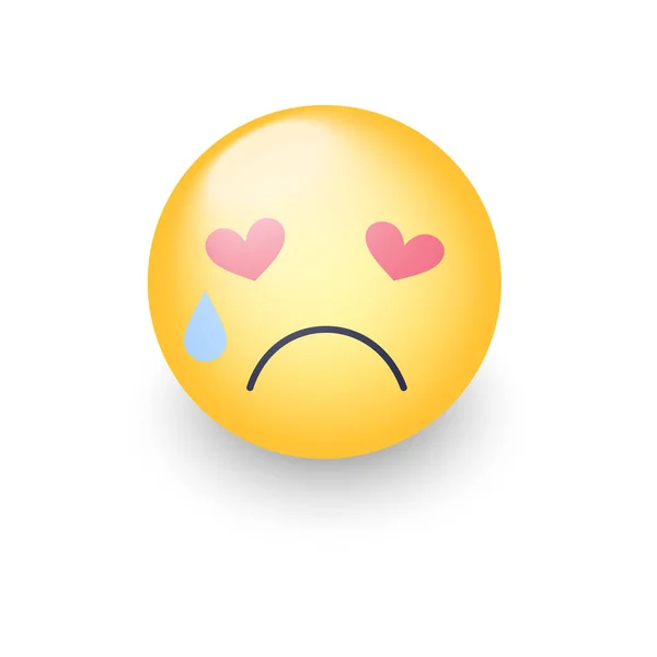 Sad enamored smiley with eyes in the form of hearts. Crying emoji face. Cute cartoon emoticon with tears from his eyes. Broken heart. — Stock Vector