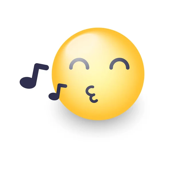 Cantando carita sonriente. Emoji silba una canción. Emoticono de vector de dibujos animados con notas. Feliz personaje de dibujos animados vector amarillo con los ojos cerrados — Vector de stock