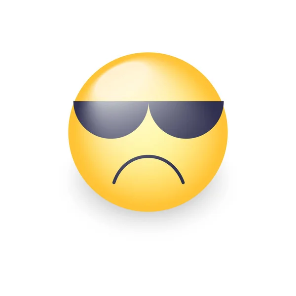 Rozzlobený emoji tvář se slunečními brýlemi. Roztomilý smutný smajlík nosí černé brýle. — Stockový vektor