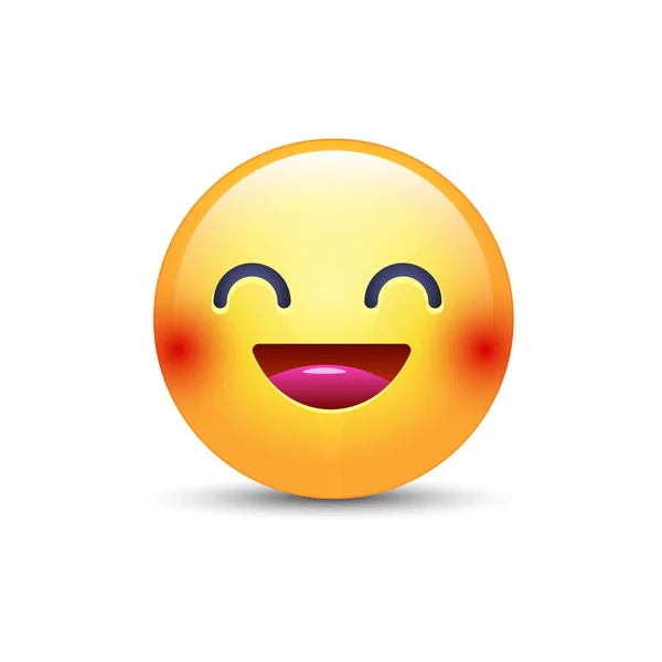 Fun yellow cartoon emoji face with smile and open eyes. Cute vector happy emoticon. Realistic smiley. — Stock Vector
