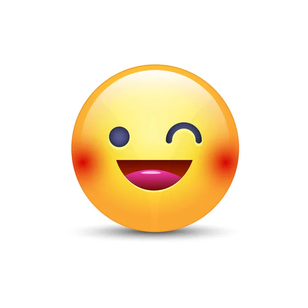 Eğlenceli göz kırpıyor karikatür emoji yüz. Wink ve gülümseme mutlu ifade vektör. Sohbet ve app için Smiley gülüyor. — Stok Vektör