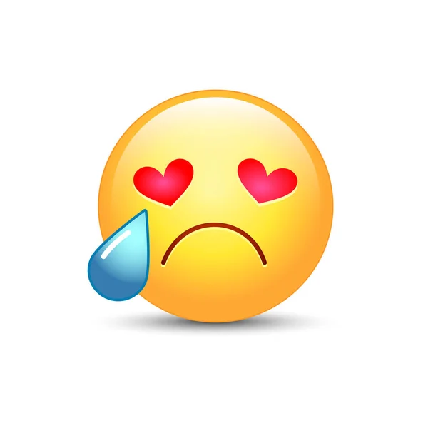 심 혼의 형태로 눈으로 슬픈 꼴된 웃는. Emoji 얼굴 울고. 그의 눈에서 눈물으로 귀여운 만화 이모티콘입니다. 실의. — 스톡 벡터