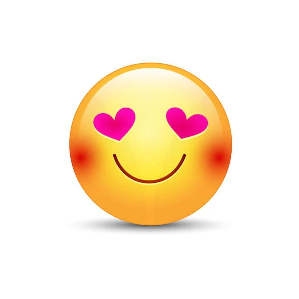 Glückliche liebevolle emoticon gesicht mit augen in form von herzen. Cartoon-Vektor-Emoji verliebt in Lächeln — Stockvektor