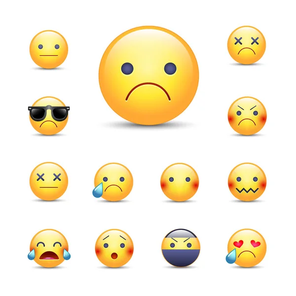Triste, desculpe desenho animado vetor emoji face set. Sorrisos infelizes, chorões, zangados e depressivos. Ninja, em óculos de sol e sobre emoticons . —  Vetores de Stock