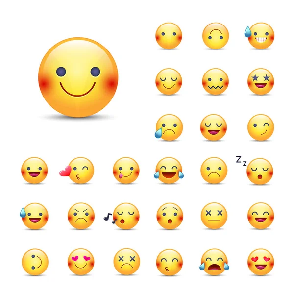 Smileys vector Ikonuppsättning. Emoticons pack. Glad, munter, sjunger, Sover, ninja, gråt, i kärlek och andra runda gula ansikte. Stor samling av leenden. — Stock vektor