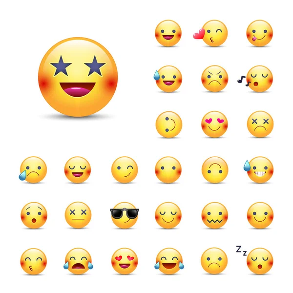 Conjunto de iconos de vector de emoticonos. Paquete de emoticonos. Feliz, alegre, cantando, durmiendo, ninja, llorando, ojos en forma de estrellas, en el amor y otras caras redondas de emoji amarillo. Gran colección de sonrisas — Vector de stock