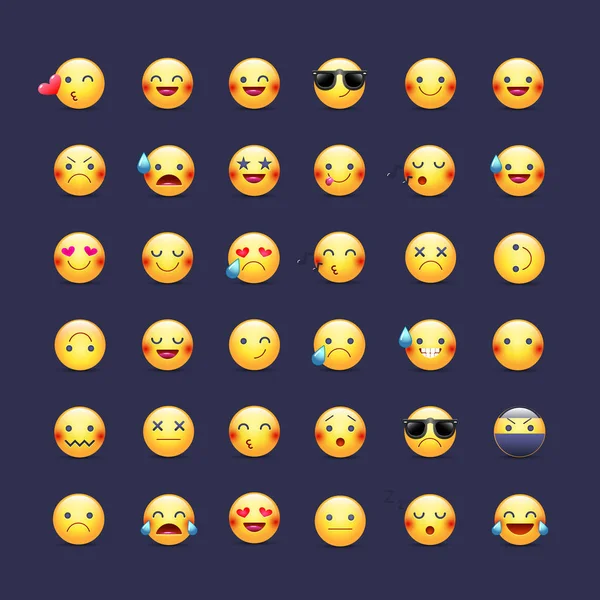 Suratlar Icon set vektör. İfadeler sembollerin. Mutlu, neşeli, şarkı, uyku, ninja, ağlama, sevgi ve diğer yuvarlak sarı suratlar. Gülümsüyor büyük koleksiyonu