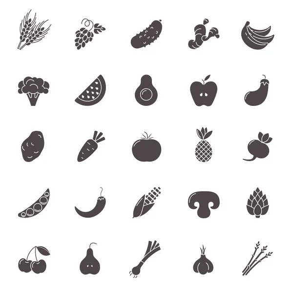 Groenten en fruit pictogramserie. Vegan natuurlijke bio pictogrammen. Artisjok, asperge, tarwe, bananen, druiven, prei, knoflook, gember en anderen natuurvoeding tekenen. — Stockvector