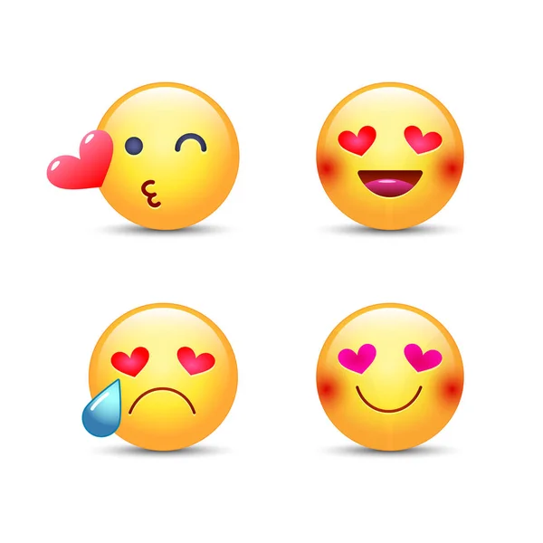 Amor conjunto de vetor emoticon. Cara de desenho animado bonito no amor, beijando, chorando e rindo. Sorriso divertido feliz para bate-papo, aplicação . —  Vetores de Stock