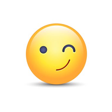Eğlenceli göz kırpıyor karikatür emoji yüz. Wink ve gülümseme mutlu ifade vektör. Sohbet ve app için Smiley.