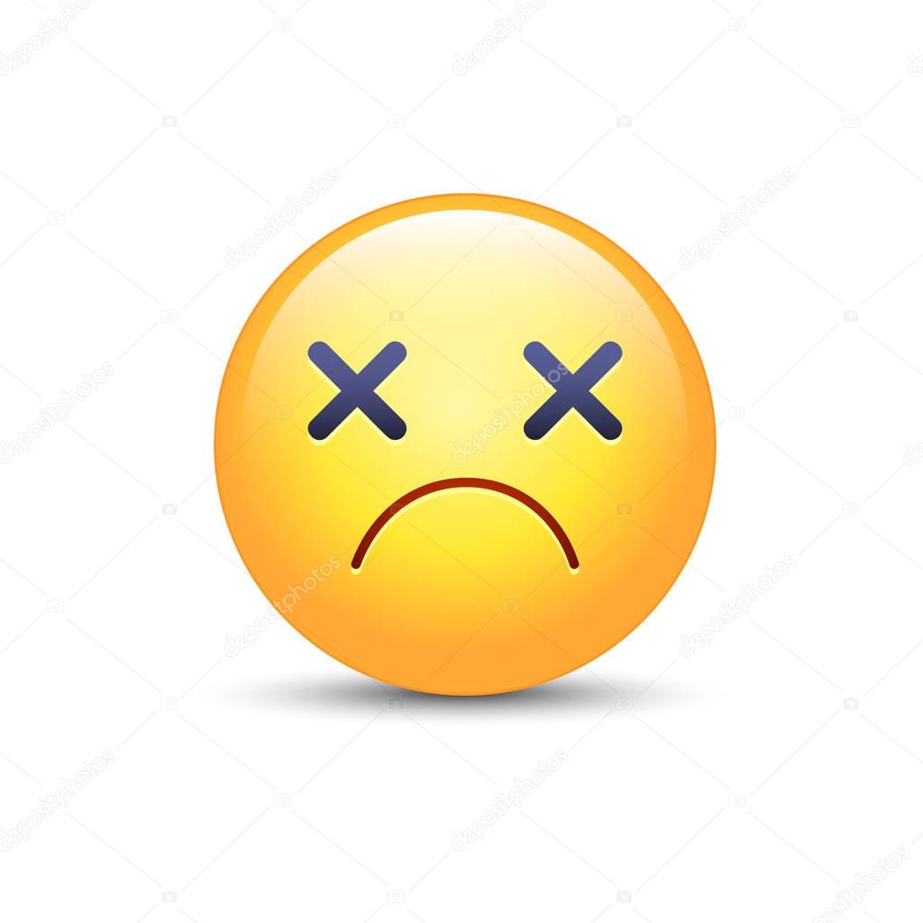 Dizzy emoji face. Cross eyes emoticon vector icon. Sad cartoon smiley