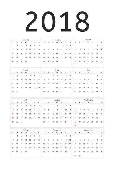 Calendrier 2018 année style simple. Semaine commence à partir de dimanche — Image vectorielle