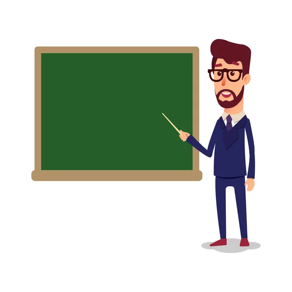 The teacher in the classroom near the blackboard is teaching a lesson. A young professor at the university is giving a lecture. A man with a beard with a pointer teaches. — Stock Vector