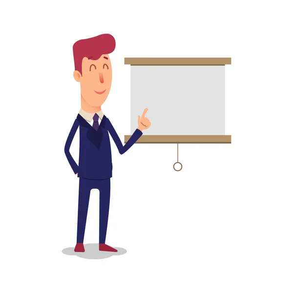 Business man character points to the board. Cartoon successful businesman in suit shows the presentation. Young office manager in flat style shows a new project. Professional salesman on a white — Stock Vector