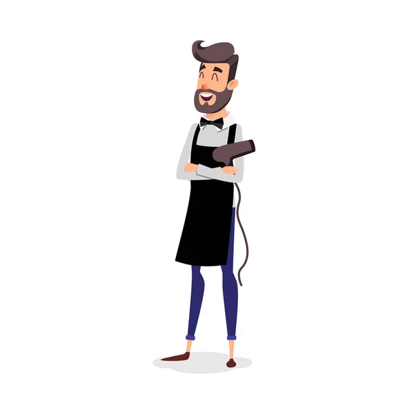 Cartoon successful hairdresser in an apron with a hair dryer in hand. Young A stylish hairdresser with a beard. Professional fashion stilist smiling on a white background. — Stock Vector