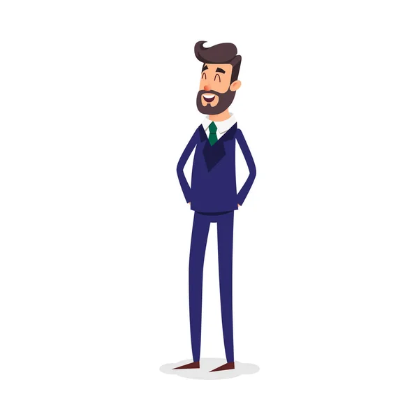 Cartoon successful businesman in suit. Young office manager in flat style. Professional salesman smiling on a white background. Big boss. Shop sales assistant — Stock Vector