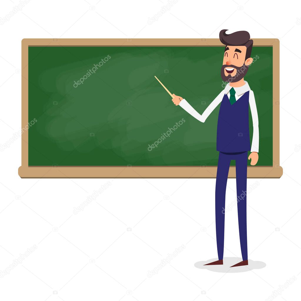 The teacher in the classroom near the blackboard is teaching a lesson. A young fashion professor at the university is giving a lecture. A man with a beard with a pointer teaches.