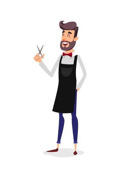 Cartoon successful hairdresser in an apron with a scissors in hand. Young stylish hairdresser with a beard. Professional fashion stilist smiling on a white background. — Stock Vector