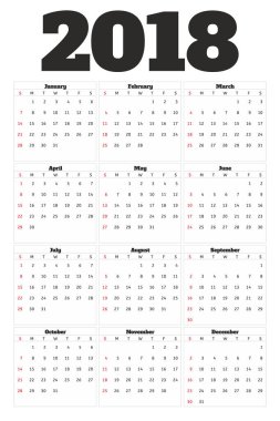 Takvim 2018 yıl basit tarzı. Pazar hafta başlıyor