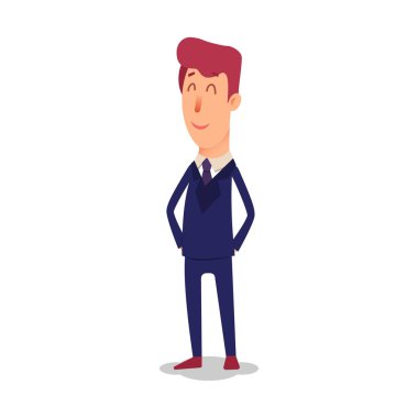 Çizgi film başarılı businesman takım elbiseli. Düz tarzı genç Ofis Müdürü. Beyaz bir arka plan üzerinde gülümseyen profesyonel satıcı. Büyük patron.