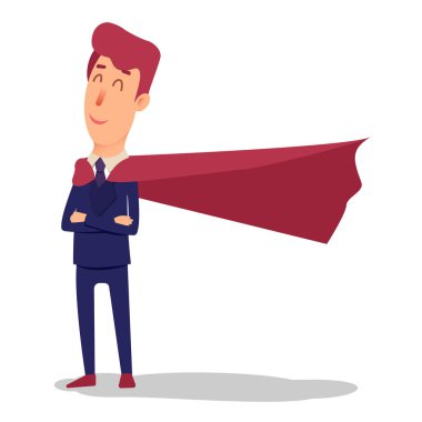 Takım elbise ve cape başarılı businesman süper kahraman karikatür. Genç Süpermen Müdürü düz tarzı. Beyaz bir arka plan üzerinde gülümseyen profesyonel satıcı. Güçlü büyük patron.