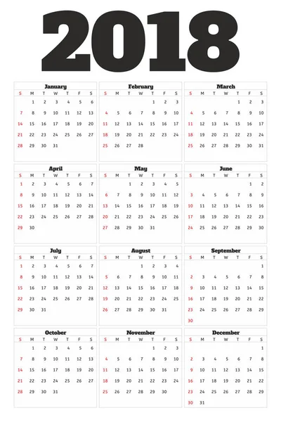 Calendario 2018 año estilo simple. La semana comienza el domingo —  Fotos de Stock