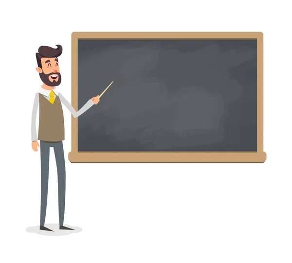 Der Lehrer im Klassenzimmer neben der Tafel erteilt eine Lektion. Ein junger Modeprofessor an der Universität hält einen Vortrag. lehrt ein Mann mit Bart und Zeiger. — Stockfoto