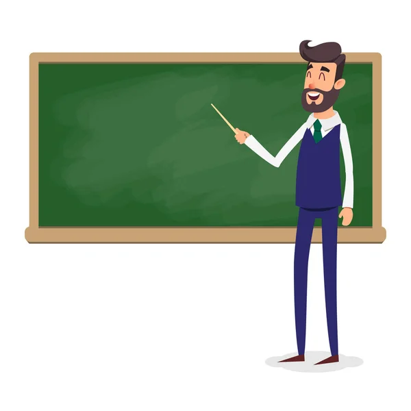The teacher in the classroom near the blackboard is teaching a lesson. A young fashion professor at the university is giving a lecture. A man with a beard with a pointer teaches. — Stock Photo, Image