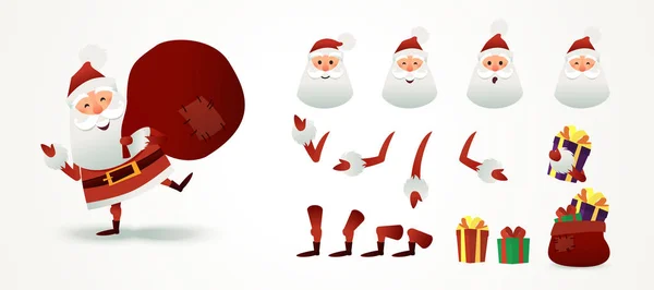 Санта-Клаус занимается анимацией и дизайном фильмов. Эмоции рождественского отца, часть тела, коробки подарков, шляпы. Симпатичный X-mas персонаж для оформления праздника с мешком, полным подарков. Новогодняя открытка для — стоковый вектор
