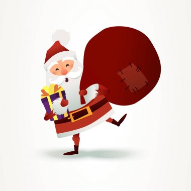 Noel Baba hediye ve mevcut kutusu dolu torbayla. Mutlu Noel Baba çizgi film karakteri. Şirin X-mas karakter tatil tasarımı için. Yeni yıl tebrik kartı davetiye, kutlama için. Düz