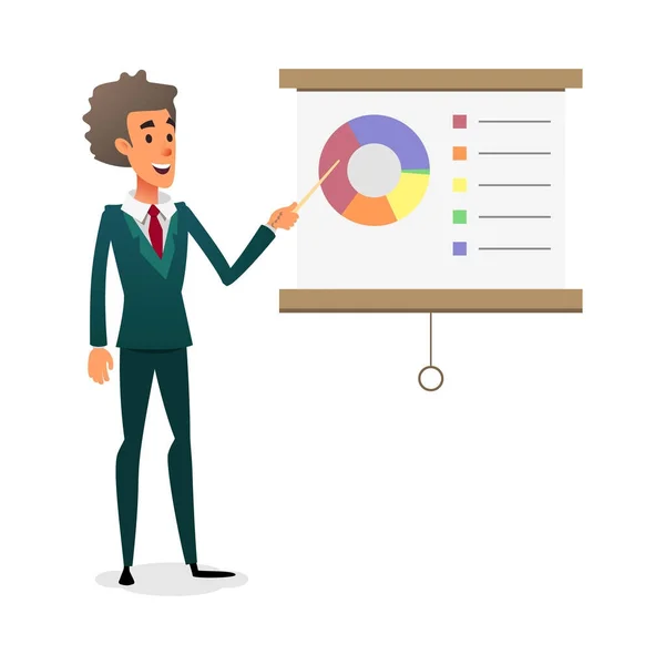 Funny cartoon manager presenting whiteboard about financial growth. Young businessman making presentation and showing diagrama on whiteboard. — Stock Vector