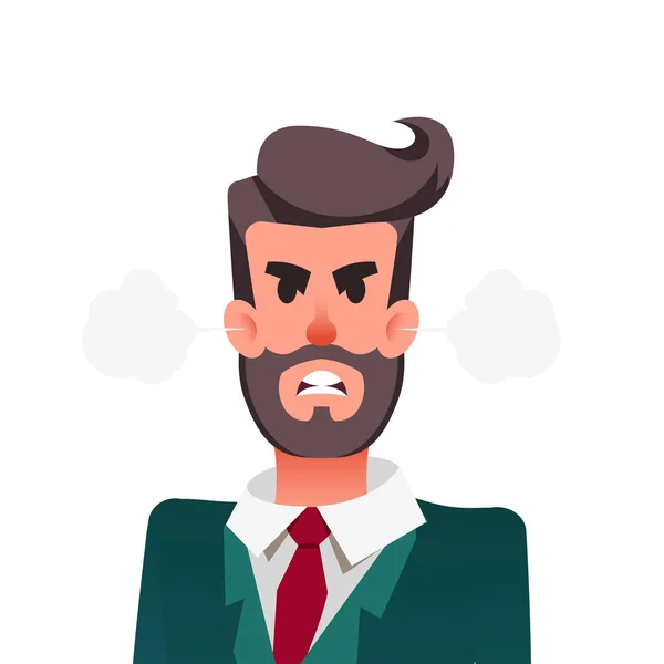 Cartoon funny angry office worker. Furious businessman with steam blowing from ears. Young man is experiencing anger. — Stock Vector