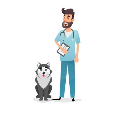 Dostu Karikatür hayvan hastalıklarıyla ilgili karakter. Bir klasör ve bir steteskop ile mutlu veteriner Doktor husky köpek duruyor. Köpek hayvan hastalıklarıyla ilgili klinik profesyonel bir doktordan tedavi.