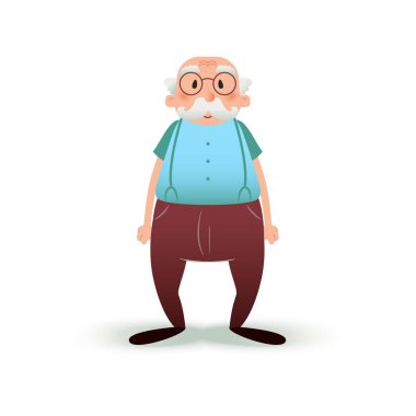 Komik karikatür yaşlı adam karakter. Kıdemli bardaklarda ve bıyıklı. Dedesi illüstrasyon izole beyaz arka plan üzerinde. Yaşlı adam pantolon askısı.