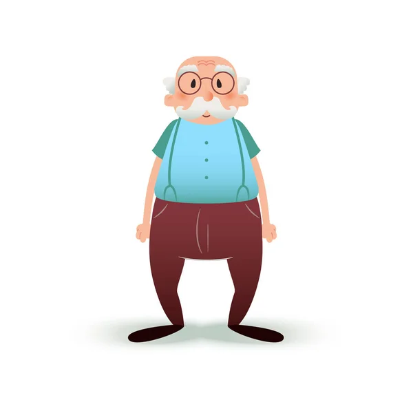 Rolig tecknad gubbe karaktär. Senior i glasögon och med en mustasch. Farfar illustration isolerade på vit bakgrund. Äldre mannen i byxor på hängslen. — Stock vektor