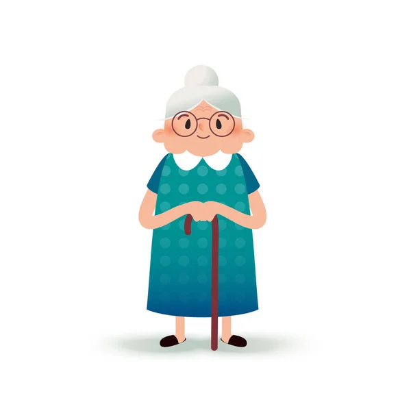 杖を持った漫画幸せな祖母。眼鏡の老婆。白い背景のフラットの図。面白いおばあちゃん. — ストックベクタ