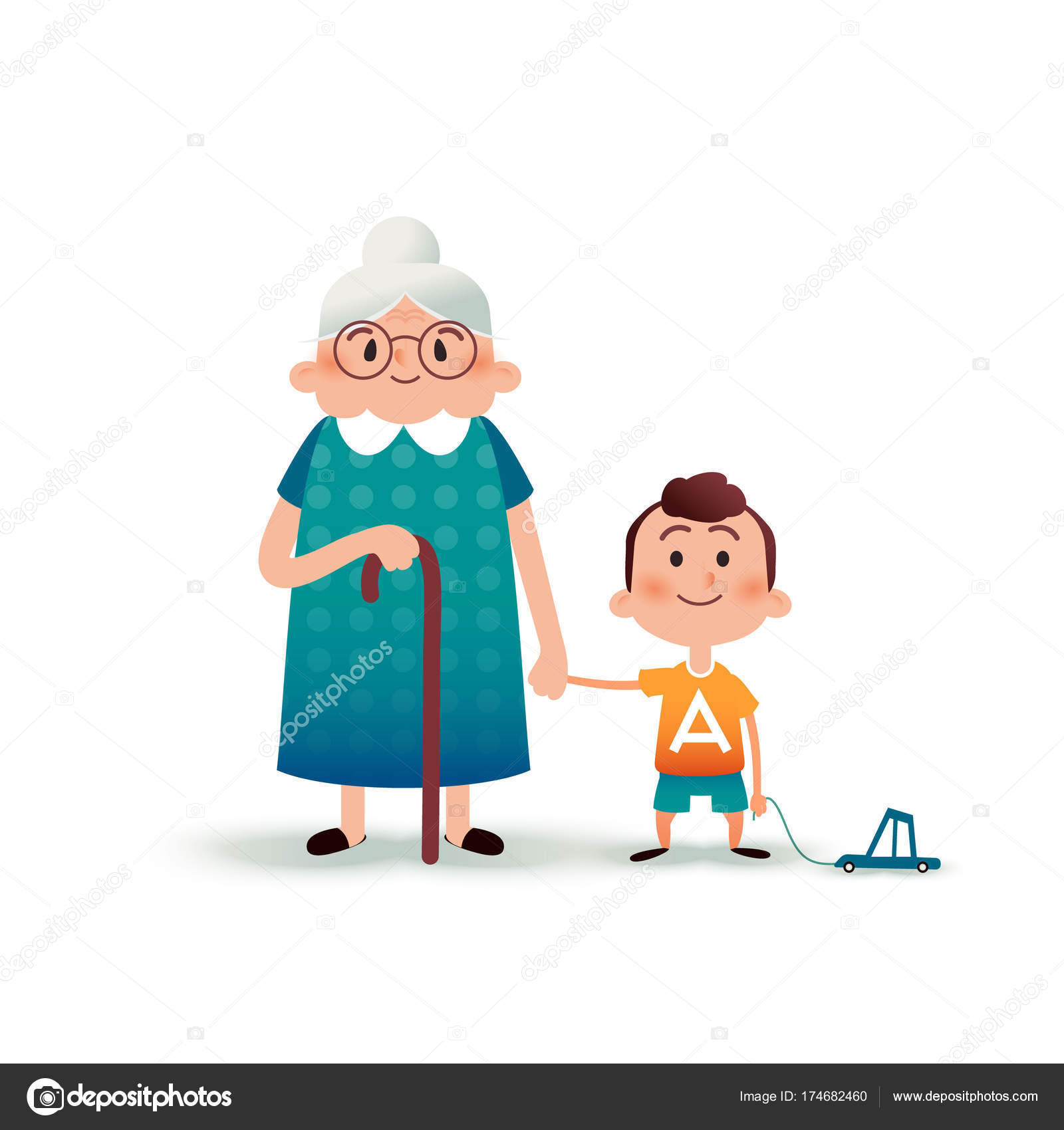 Abuela y nieto tomados de la mano. Niño pequeño con un coche de juguete ...