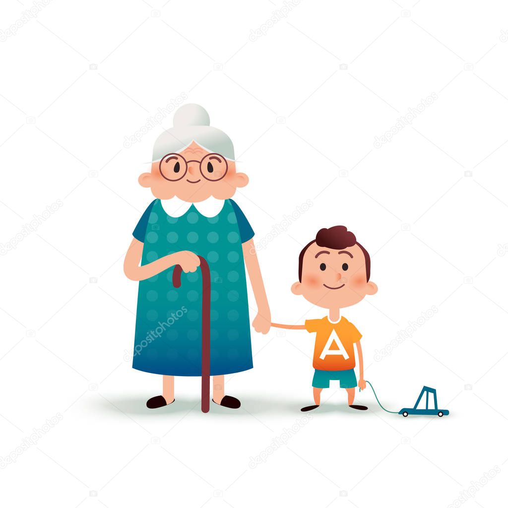 Grandmother and grandson holding hands. Little boy with a toy car and old woman cartoon vector illustration. Happy family concept. Cartoon vector flat illustration.
