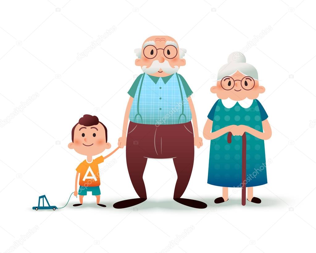 Funny cartoon family. Happy grandfather, grangmother and grandson. Granddad and little boy holding hands. Happy family concept. Cartoon vector flat illustration.