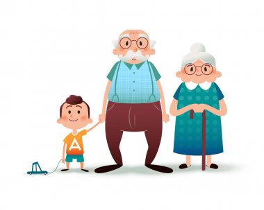 Komik karikatür aile. Mutlu Büyükbaba, grangmother ve torunu. Büyükbaba ve küçük çocuk el ele tutuşarak. Mutlu aile kavramı. Düz çizgi film illüstrasyon.