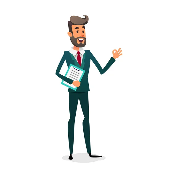 Witzige Cartoon Investor zeigt ok Zeichen. Der Manager trägt einen Anzug mit Bart. Entwurf für Gewerbe-Leerstand. — Stockfoto