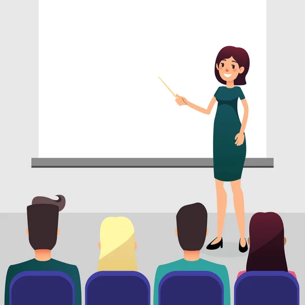 Cartoon flat women with pointer trains participants of the seminar. Female speaker doing presentation and professional training. Coach talks about new direction in company strategy — Stock Photo, Image