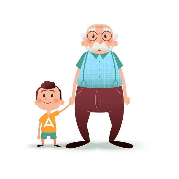 Dziadek i wnuczek, trzymając się za ręce. Mały chłopiec i stary człowiek ilustracja kreskówka. Szczęśliwa rodzina koncepcja. — Zdjęcie stockowe