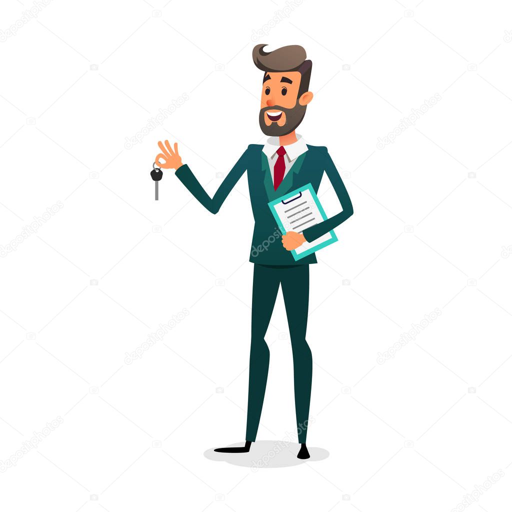 The car dealer gives the keys. Happy auto seller with documents. A cartoon confident young salesman is selling a car. The automobile owner makes a deal. Man Renting a Car