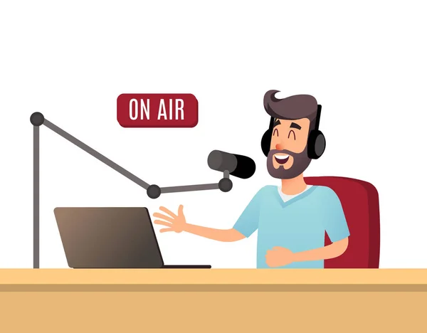 El presentador de radio está hablando en el aire. Un joven DJ de radio con auriculares está trabajando en una estación de radio. Difusión plana diseño vector ilustración . — Vector de stock