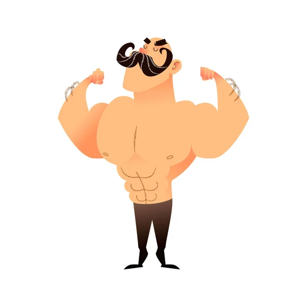 Homem musculoso dos desenhos animados com bigode. Um atlético engraçado. O homem careca orgulhosamente mostra seus músculos em braços fortes. Ilustração plana vetorial de um atleta ou artista de circo. Personagem forte com nu — Vetor de Stock