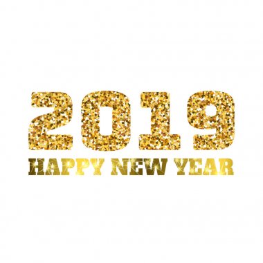 Mutlu yeni yıl 2019. Altın glitter parçacıklar ve parıldıyor. Tatil tasarım öğesi takvim, yeni yıl eğlencesi daveti, kart, poster, afiş, web için