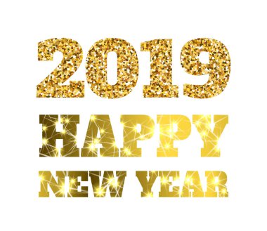 Mutlu yeni yıl 2019. Altın glitter parçacıklar ve parıldıyor. Tatil tasarım öğesi takvim, yeni yıl eğlencesi daveti, kart, poster, afiş, web için
