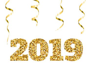 Mutlu yeni yıl 2019. Altın glitter parçacıklar ve parıldıyor. Tatil tasarım öğesi takvim, yeni yıl eğlencesi daveti, kart, poster, afiş, web için